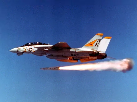 HD desktop wallpaper featuring a Grumman F-14 Tomcat military fighter jet firing a missile against a clear blue sky.