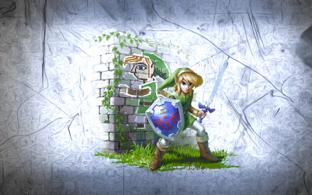 HD desktop wallpaper featuring Link from the video game The Legend of Zelda: A Link Between Worlds, holding his sword and shield against a textured stone wall background.