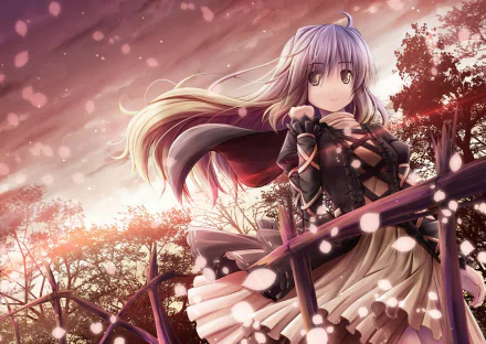 Byakuren Hijiri from the anime Touhou is depicted in this HD desktop wallpaper, surrounded by a scenic backdrop of trees and cherry blossoms against a dramatic sunset sky.