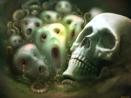Dark, green-hued HD PC desktop wallpaper displaying a skull in the foreground surrounded by ghostly, open-mouthed faces and drifting mist.