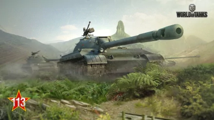 HD PC desktop wallpaper featuring a detailed tank from the video game World of Tanks in a lush, mountainous battlefield environment.