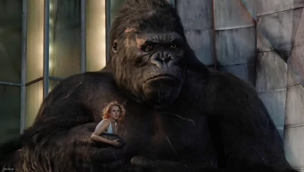 A dramatic scene from the movie King Kong (2005) featuring the iconic ape alongside a woman, set against a modern urban backdrop, showcasing intense emotion and grandeur.