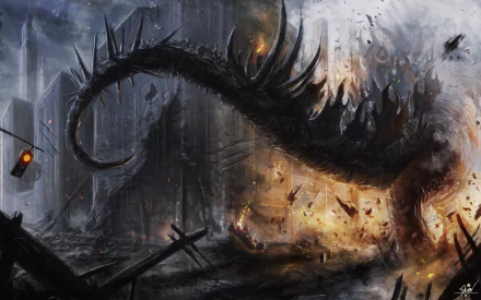 A dramatic HD wallpaper featuring a colossal Godzilla-like creature emerging from a city in ruins, surrounded by explosions and debris in a dark, atmospheric landscape.