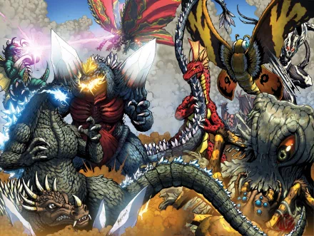 A dynamic battle scene featuring iconic monsters from the MonsterVerse, including Anguirus, Titanosaurus, Hedorah, and Godzilla, illustrated in an HD comic style.