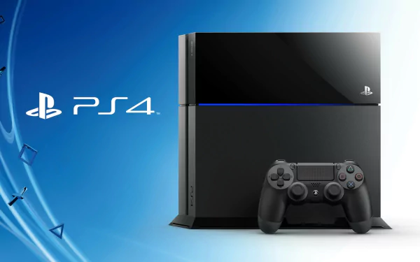 PlayStation 4 console and controller on a blue gradient background with the PS4 logo, featured in an HD desktop wallpaper and background.