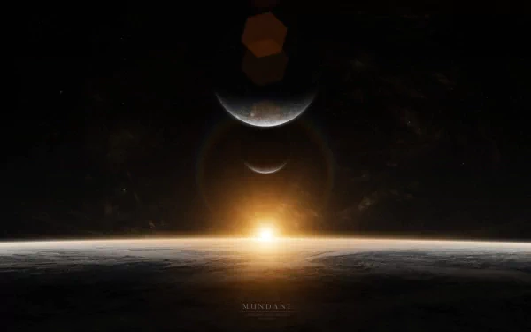 A stunning HD sci-fi wallpaper featuring a vibrant sunrise over a distant planet, with celestial bodies casting a dramatic silhouette in the background.