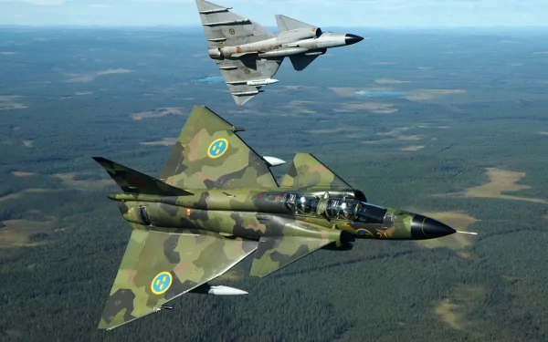 HD PC desktop wallpaper depicting two Saab 37 Viggen military jets flying above a forested landscape.