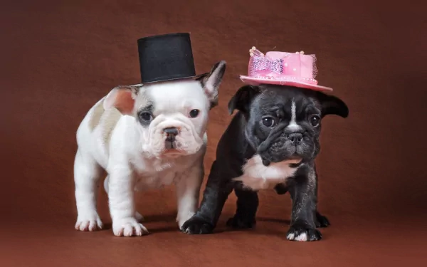 Two adorable puppies dressed in hats pose together against a warm brown background. This HD image serves as a charming desktop wallpaper and background.