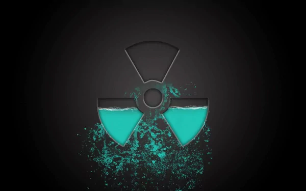 HD desktop wallpaper featuring a sci-fi radioactive symbol, illuminated in green against a dark background, with glowing particles spreading around.