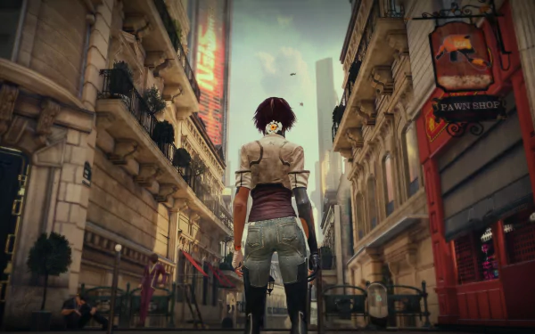 HD PC desktop wallpaper featuring Nilin from the video game Remember Me, standing in a futuristic urban street scene with tall buildings and neon signs.