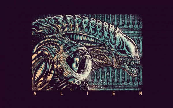 A striking HD desktop wallpaper featuring Ellen Ripley from the movie Alien, showcasing the iconic alien creature set against a dark, futuristic background.