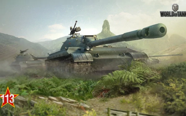 HD PC desktop wallpaper featuring a detailed tank from the video game World of Tanks in a lush, mountainous battlefield environment.