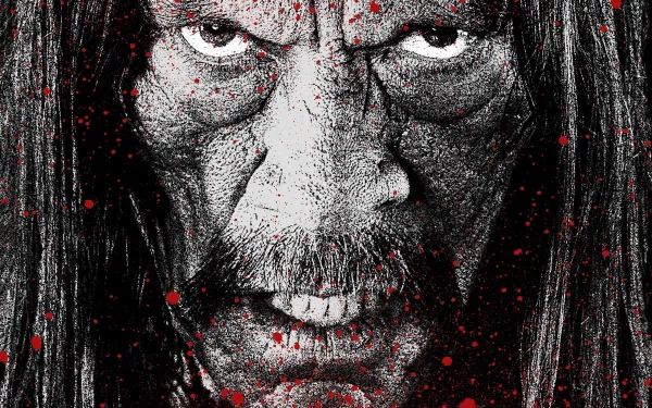 HD PC desktop wallpaper featuring a close-up, gritty black-and-white portrait of Danny Trejo from the movie Machete Kills, accented with red splatters.