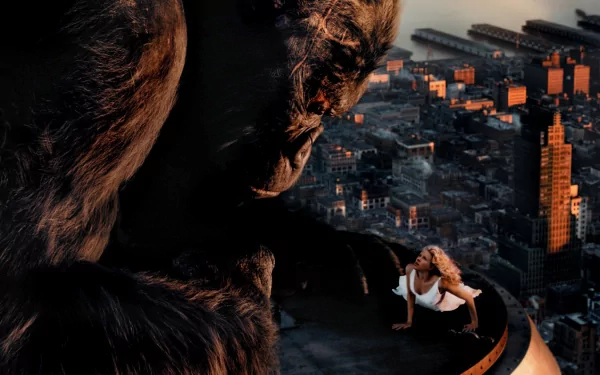 A striking HD wallpaper from the 2005 movie King Kong, featuring the iconic giant gorilla looming over a cityscape, with a woman perched nearby, capturing a dramatic moment.