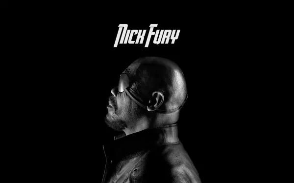 HD PC desktop wallpaper featuring a side profile of Nick Fury, portrayed by Samuel L. Jackson, from the Avengers movie series with his name in bold text above.