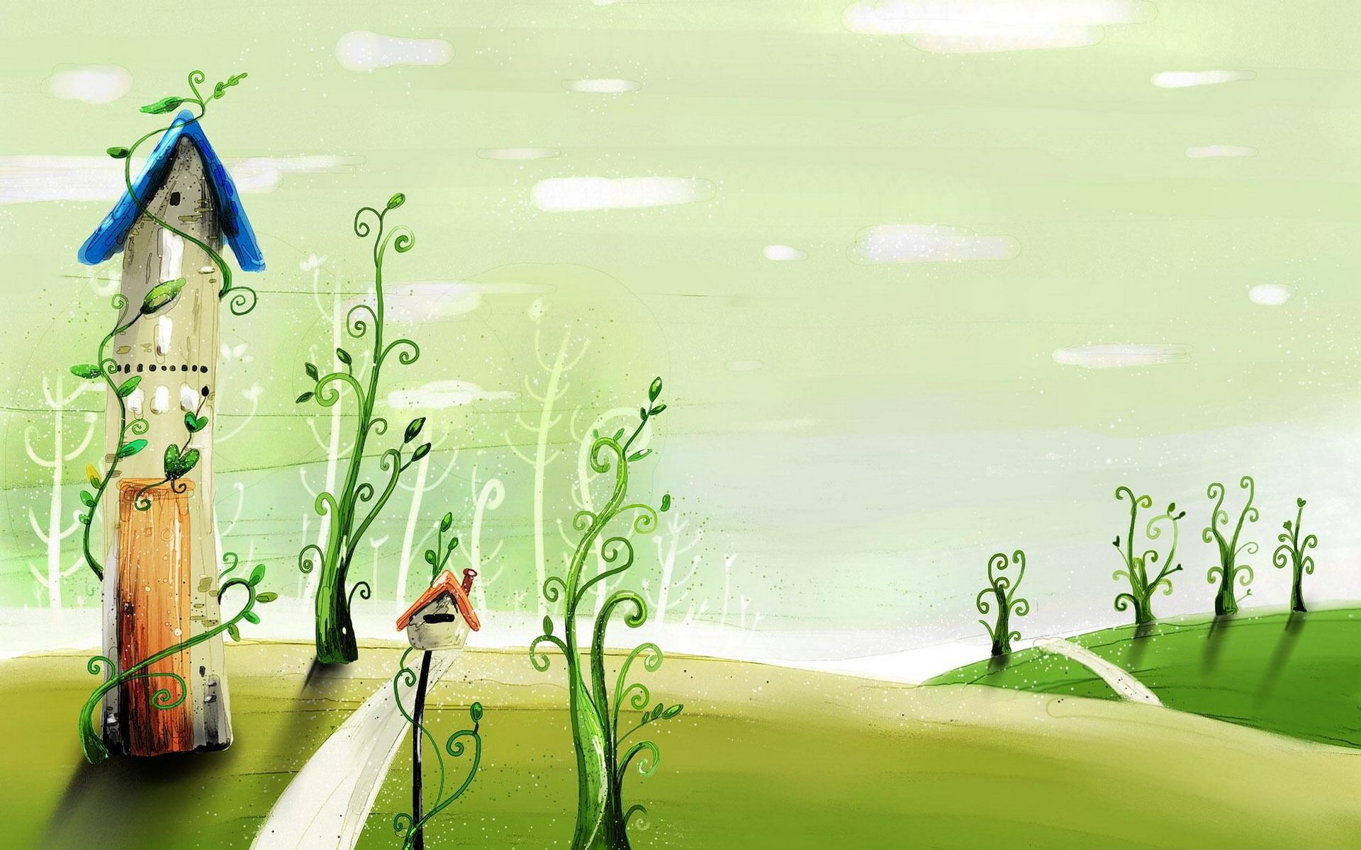 Artistic painting HD PC desktop wallpaper and background: whimsical pastel landscape with a tall carved wooden house, winding path and curling green saplings under a soft sky.