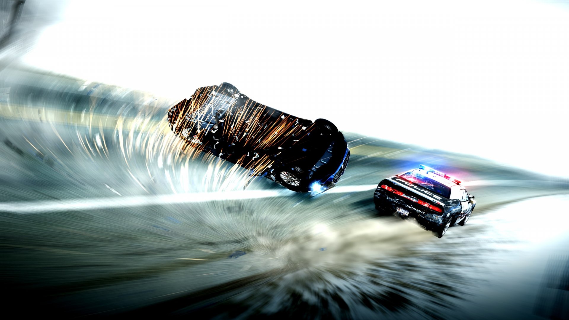 Need for Speed: Hot Pursuit 2K Quad HD PC wallpaper — a police cruiser chases a spinning, airborne supercar amid blurred motion, sparks and dust on a high-speed highway.