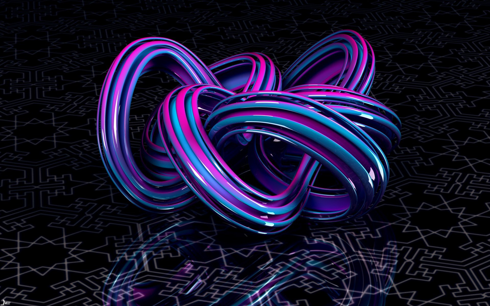 Abstract 3D HD desktop wallpaper featuring a glossy, intertwined neon blue and purple tubular shape on a dark patterned surface.