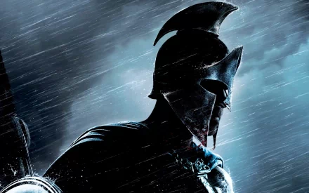 A dramatic HD wallpaper featuring a silhouetted Spartan warrior from the movie 300, set against a stormy backdrop, exuding strength and valor.