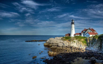 HD wallpaper of a lighthouse on a rocky shoreline under a partly cloudy sky, with calm ocean waters stretching in the background.