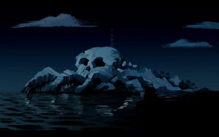 Skull-shaped island at night from the TV show The Venture Bros., reflected on dark water — HD PC desktop wallpaper and background.