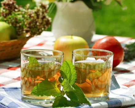HD PC desktop wallpaper featuring two glasses of iced tea with fresh mint leaves on a checkered tablecloth, surrounded by apples and a blurred green background.