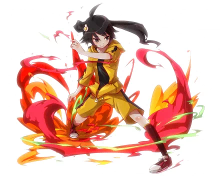 Karen Araragi from Bakemonogatari strikes a dynamic pose amidst vibrant swirls of red and orange, showcasing the energetic style of the Monogatari series in this HD wallpaper.