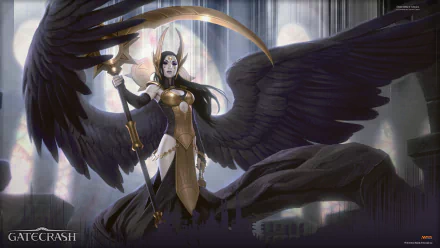 A striking HD wallpaper featuring a powerful figure from Magic: The Gathering, adorned with dark wings and wielding a scythe in an atmospheric setting.