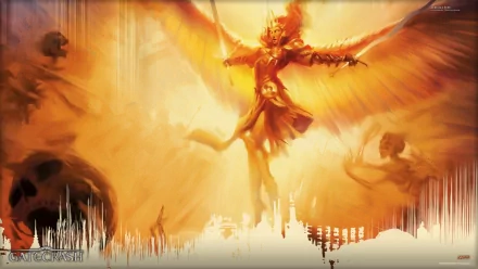 Man-made Magic: The Gathering HD PC desktop wallpaper of a fiery winged figure descending amid orange-gold light, silhouetted ruins and figures below.