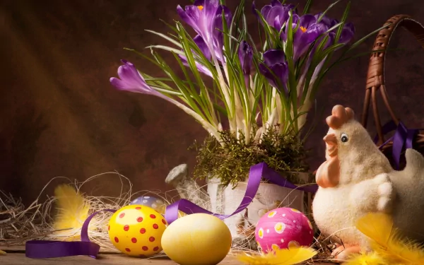 A charming Easter-themed desktop wallpaper featuring colorful eggs, vibrant flowers, and a decorative hen, creating a festive holiday atmosphere.