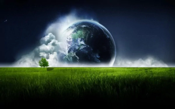 HD PC desktop wallpaper featuring a dreamy world with a glowing Earth emerging from mist above a lush green field under a dark, starry sky.