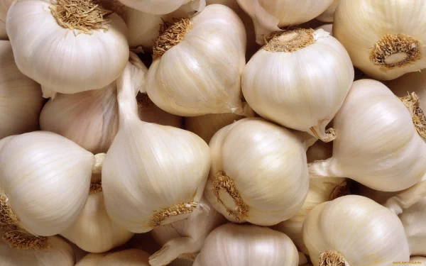 A close-up image of fresh garlic bulbs, showcasing their textured skin and natural color variations. This HD wallpaper serves as an appetizing food-themed background.