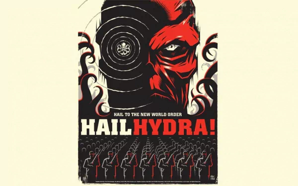 A striking HD desktop wallpaper featuring Red Skull from Marvel Comics, embodying the menacing leader of Hydra with bold imagery and a powerful slogan, Hail Hydra!