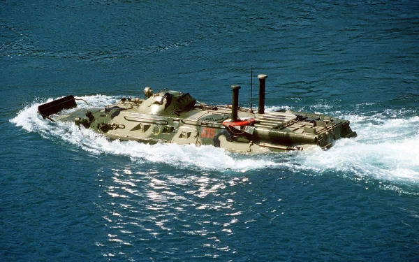 HD desktop wallpaper featuring a military BTR-80 armored personnel carrier navigating through water.