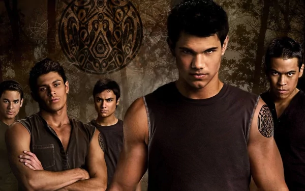 A dramatic scene from The Twilight Saga: New Moon, featuring a group of young men in dark clothing, exuding intensity against a textured, earthy background. HD desktop wallpaper.