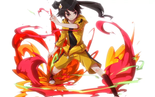 Karen Araragi from Bakemonogatari strikes a dynamic pose amidst vibrant swirls of red and orange, showcasing the energetic style of the Monogatari series in this HD wallpaper.