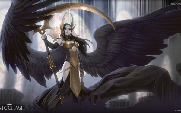 A striking HD wallpaper featuring a powerful figure from Magic: The Gathering, adorned with dark wings and wielding a scythe in an atmospheric setting.
