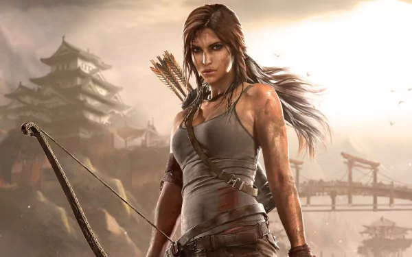 HD wallpaper featuring Lara Croft from the video game Tomb Raider, showcasing her as a fierce adventurer with a bow, set against a dramatic landscape.