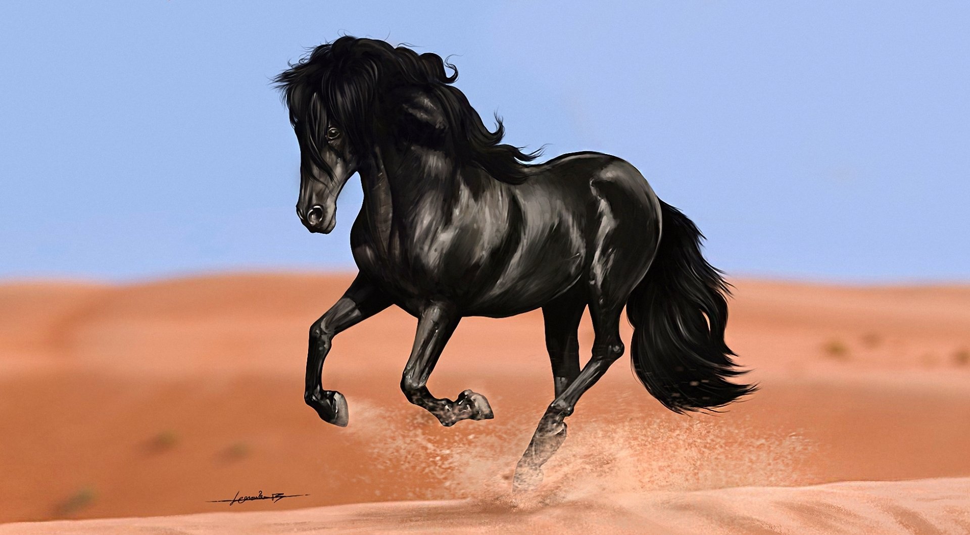 A stunning black horse gallops across sandy terrain, showcasing its grace and power. This HD desktop wallpaper captures the beauty of the animal in dynamic motion.