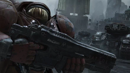 A dramatic HD desktop wallpaper featuring a character from StarCraft II: Heart of the Swarm, holding a futuristic weapon with a chaotic background of military vehicles.