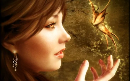 A fantasy HD desktop wallpaper featuring a woman gazing at a glowing butterfly with a soft, ethereal background.