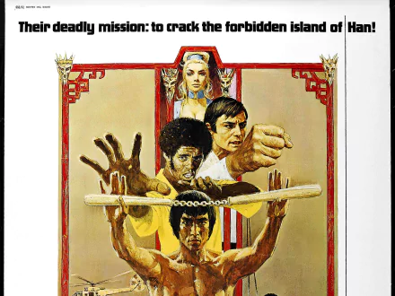 Enter the Dragon movie poster showing three martial artists in a vintage painted layout — 2K Quad HD PC desktop wallpaper and background.