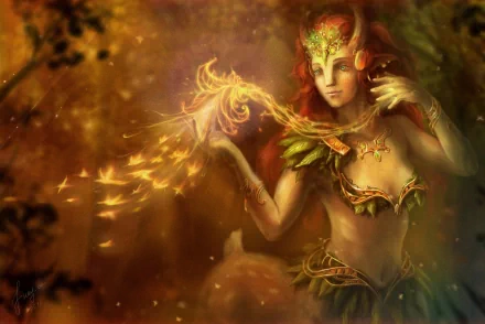 HD PC desktop wallpaper featuring a mystical female character from the DotA 2 video game, surrounded by glowing autumn leaves in a warm, enchanted forest setting.