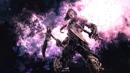 A striking HD PC desktop wallpaper featuring a character from the video game Darksiders II, surrounded by vibrant purple and black visual effects.
