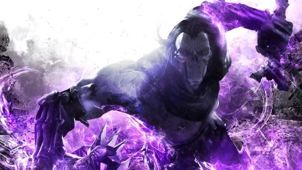 A striking HD wallpaper from Darksiders II featuring a powerful, ethereal character surrounded by dynamic purple energy and a dark, atmospheric background.