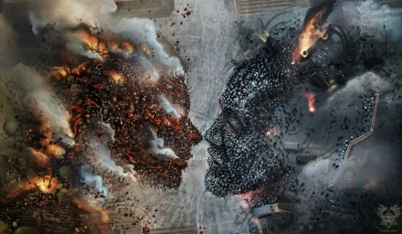 Artistic HD desktop wallpaper depicting two abstract, fragmented faces facing each other amidst chaotic smoke and fiery elements, symbolizing a riotous clash.