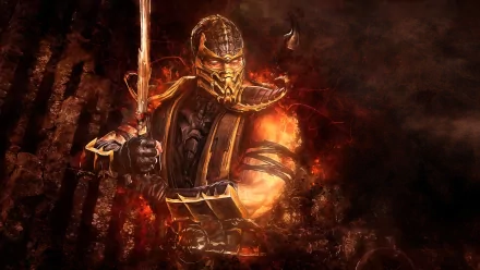 An intense HD desktop wallpaper featuring a powerful character from Mortal Kombat, wielding a weapon amidst fiery effects for a dynamic gaming atmosphere.
