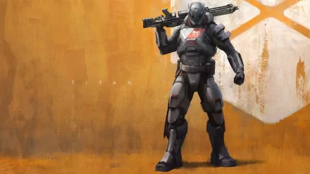 A bold Titan character from the video game Destiny stands confidently, holding a weapon against a vibrant orange background, creating a striking HD desktop wallpaper.