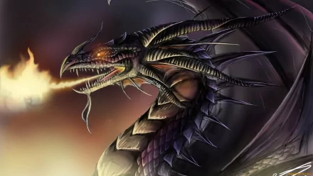 HD fantasy PC desktop wallpaper featuring a fierce dragon breathing fire, with detailed scales and glowing eyes against a dark, smoky background.