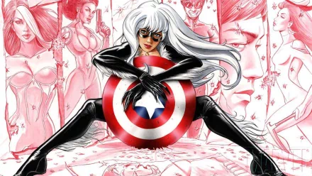 Comic HD PC desktop wallpaper/background: white-haired comic heroine in a black suit holds a star-spangled shield against a pink sketch collage — Heroes for Hire.